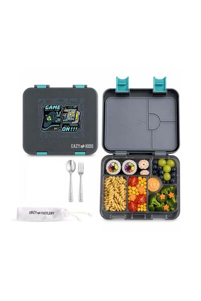 Eazy Kids 6 & 4 Convertible Bento Lunch Box w/Steel Spoon & Fork Set - Game O...