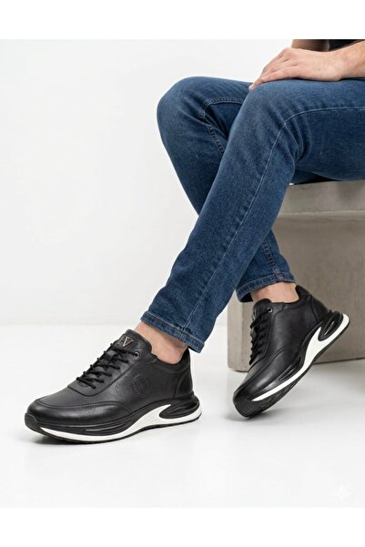 Voyager Erkek Siyah Hakiki Deri Ortopedik Air Taban Günlük Sneaker Ayakkabı
