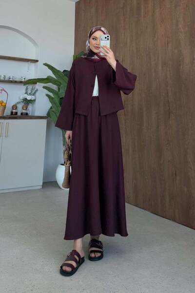 Hazamoda Σετ λινό Dilan με φούστα σε χρώμα δαμασκηνί