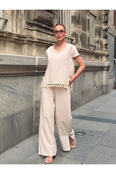 AYASOFYA OTANTIK Γυναικείο λινό σετ 2 τεμαχίων με μπεζ μπλούζα με λεπτομέρειε...