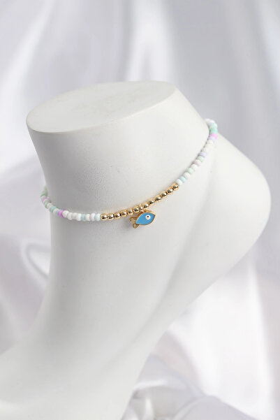 shopwave White and Mixed Color Beaded Fish Figured Anklet