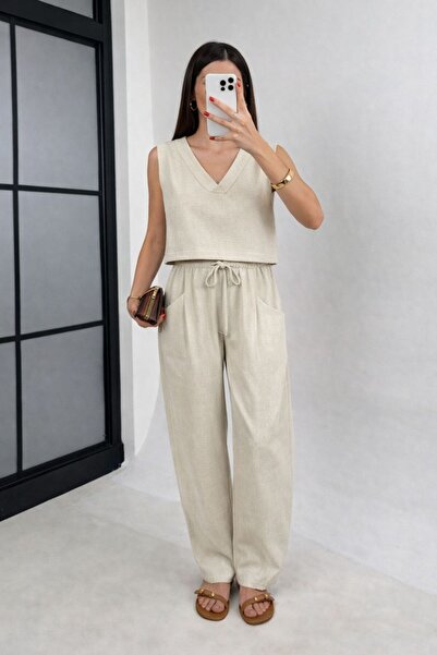 Get Crazy Γυναικείο λινό σετ με μπλούζα με λαιμόκοψη V και μανίκια μηδέν και ...