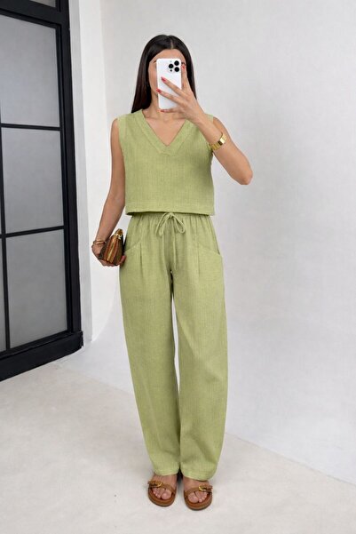 Get Crazy Γυναικείο λινό σετ με μπλούζα με λαιμόκοψη V και μανίκια μηδέν και ...