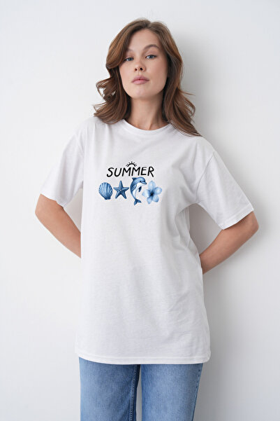 TREND EMMODA Tricou alb cu gât rotund, cu imprimeu cu stele de mare și delfin...