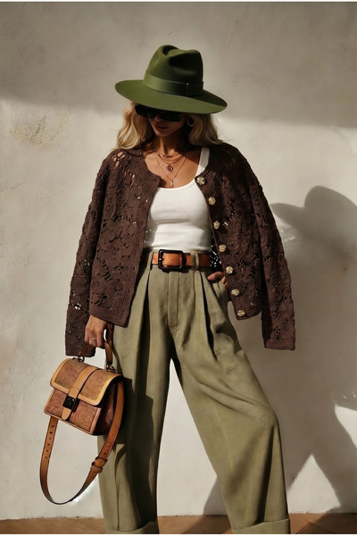 FEMELLE Καφέ ζακέτα με βελονάκι και χρυσά κουμπιά