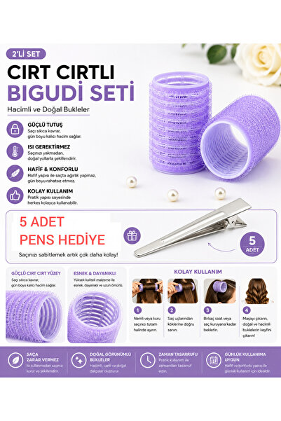 irtihal 2'li cırtlı yapışkanlı bigudi 5'li pens HEDİYE 4cm çapında