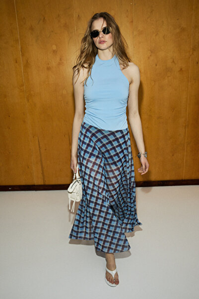 GRIMELANGE Kimlene Women's Blue Skirt with Soft and Flexible Fabric and Inner...