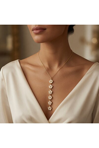 CALIMA 304 Stainless Steel Gold Plated White Flower Motif Long Drop Necklace - Elegant & Stylish Design for Daily & Special Occasions