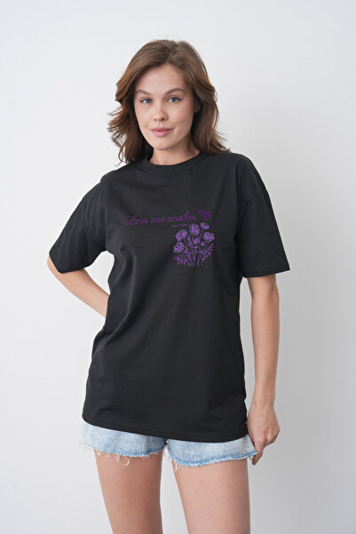 TREND EMMODA Tricou negru pentru femei, cu decolteu rotund, cu imprimeu cu fl...
