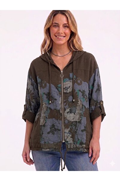 AYASOFYA OTANTIK Γυναικείο ιταλικό καφέ έθνικ λουλουδάτο μπουφάν με κουκούλα ...