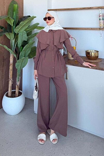 Şulemoda Giyim Σετ με βολάν στο λαιμό, καφέ χρώμα