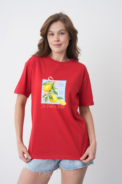 TREND EMMODA Tricou roșu cu gât rotund, cu imprimeu cu lămâie, stil de vară p...