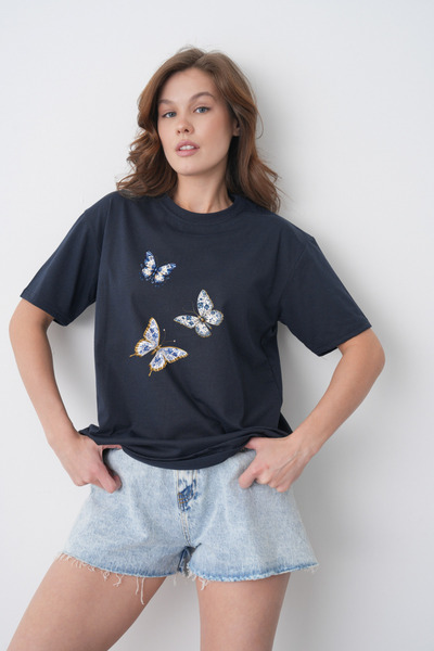 TREND EMMODA Tricou de damă, albastru marin, cu guler rotund, cu imprimeu tip...