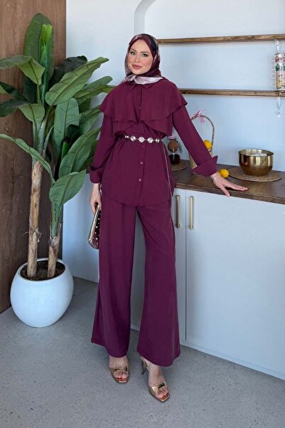 Şulemoda Giyim Σετ με βολάν στο λαιμό Modal σε χρώμα δαμασκηνί