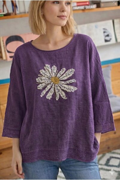 AYASOFYA OTANTIK Γυναικεία μπλούζα με μωβ λουλουδάτες παγιέτες και κεντημένο ...