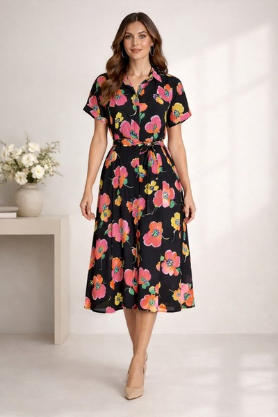 Bad 100% βισκόζη, μίντι φόρεμα, τύπου πουκάμισο, με φλοράλ σχέδιο, με κορδόνι...