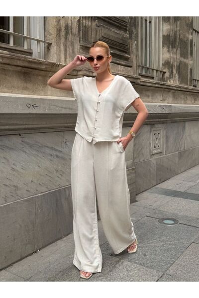 AYASOFYA OTANTIK Γυναικείο λινό σετ 2 τεμαχίων: Μπεζ κοντομάνικο πουκάμισο με...