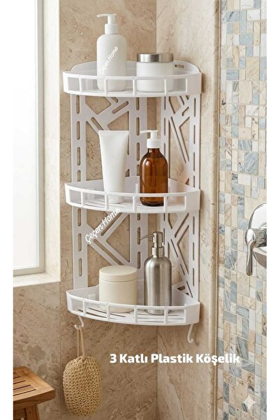 ÇEÇEN HOME Plastik 3 Katlı Banyo Köşeliği Banyo Yanı Köşelik Şampuanlık Açık ...