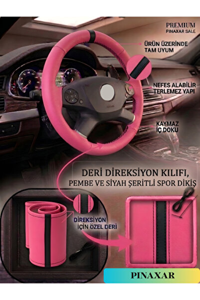 pınaxar Tofaş İçin Uyumlu Pembe Siyah Şerit Suni Deri Direksiyon Kılıfı (Dikm...