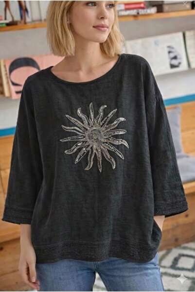 AYASOFYA OTANTIK Γυναικεία μαύρη μπλούζα με κέντημα με πούλιες, με διχτυωτή λ...