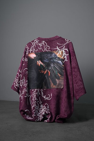Slatra Men's Mürdüm Crow Patch Oversize Washed Effect Tshirt