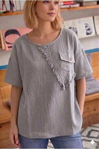 AYASOFYA OTANTIK Γυναικεία μπλούζα με γκρι λεπτομέρειες σε σχέδιο κομματιών, ...