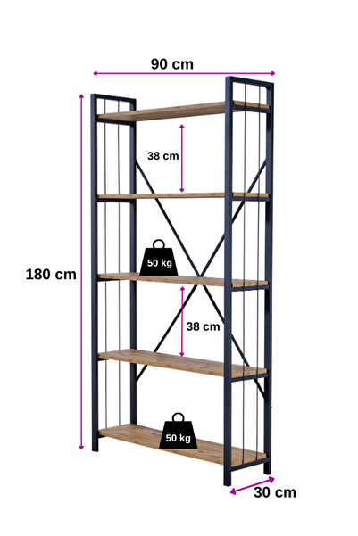 UmkaHome Modern Loft Metal & Ahşap 5 Katlı Dekoratif Kitaplık – 180x90x25 cm