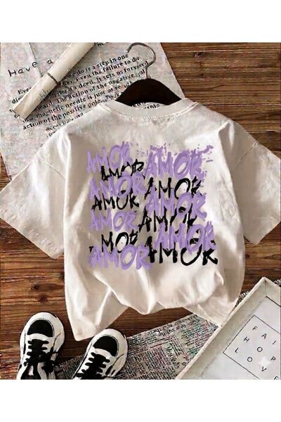 LELVANİ Women's Colorful Amor Text Printed White T-Shirt