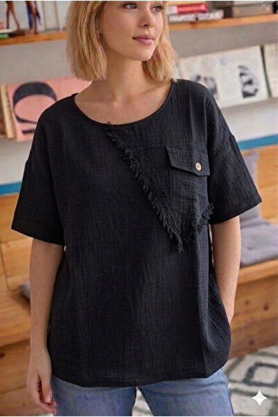 AYASOFYA OTANTIK Γυναικεία μπλούζα με μαύρη λεπτομέρεια στο τελείωμα της φούσ...