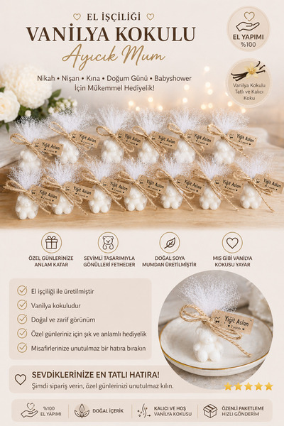 F&A Candle 20 ADET Kişiye Özel El Yapımı Ayıcık Mum – Vanilya Kokulu Nikah Ni...