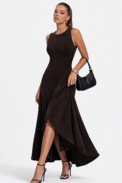 THE RULE Αμάνικο φόρεμα σε γραμμή Α, μακρύ καλοκαιρινό, με ραφές, μίντι καφέ ...