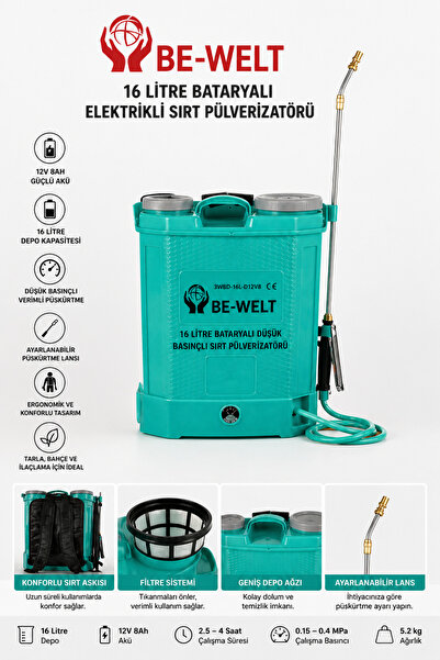 ÖZGÜN BE-WELT 16 Litre Akülü Sırt Pülverizatörü 12V 8Ah İlaçlama Pompası, Bas...
