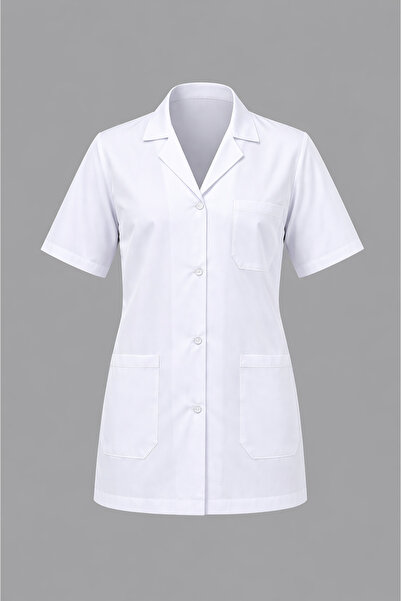 LOOKMT MODA Kadın Beyaz Doktor Hemşire Medikal Önlük Kısa Kollu Çıtçıtlı