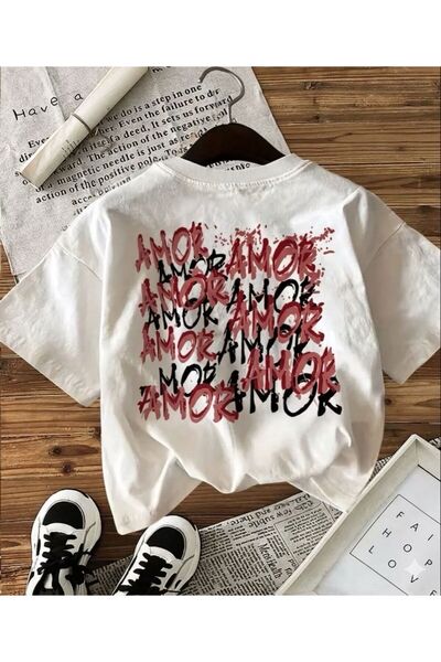 LELVANİ Women's Colorful Amor Text Printed White T-Shirt