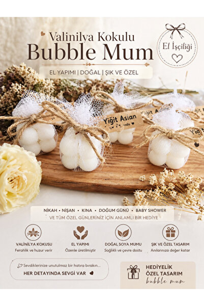F&A Candle Kişiye Özel El Yapımı Bubble Mum – Vanilya Kokulu Nikah Nişan Kına...