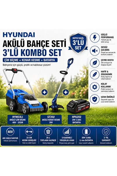Hyundai Akülü Bahçe Seti 40V Çim Biçme + 20V Kenar Kesme + 2.0Ah Batarya Prof...