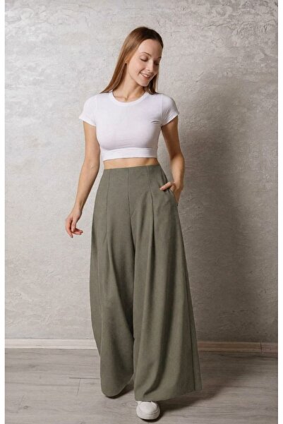 Maison La Femme Γυναικείο παντελόνι Palazzo με κρυφή τσέπη με πλισέ