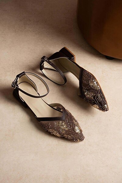 BeBeQ Store Nelly Brown Patterned Satin Bead Detailed Flat Sole Women's Balle...
