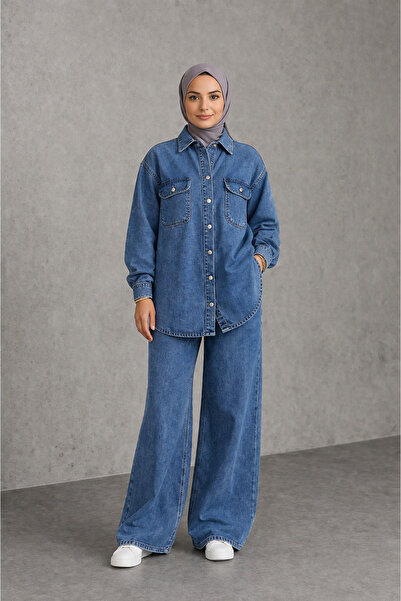 1434 Polo State Women's Denim Set Oversize Shirt & Wide Leg Trousers Blue