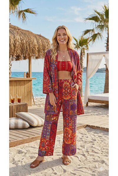 forte bella Ethnic Pattern Top-Bottom Trend Kimono Set