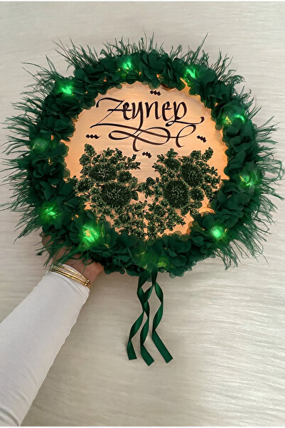 ZEYMERADE Zümrüt Yeşili Ledli Gelin Tefi 32cm, Üç Boyutlu Çiçekli Parlak Taş ...