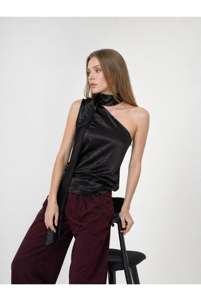 İMVAGO Γυναικεία σατέν μπλούζα με έναν ώμο, κομψή