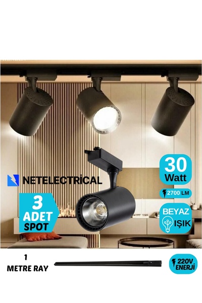 NETELECTRİCAL Siyah Kasa Beyaz Işık 30W Raylı Spot Mağaza Vitrin Özel Alan Ay...
