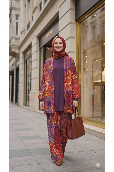 forte bella Ethnic Pattern Top-Bottom Trend Hijab Kimono Set