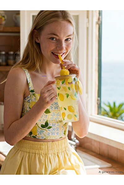 LC Waikiki Lemon Printed Glass Cup with Straw from Uzg Store for Style Enthus...