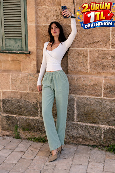 DAMGA JEANS Γυναικείο λινό παντελόνι Jogger με ελαστική μέση σε σκούρο πράσιν...