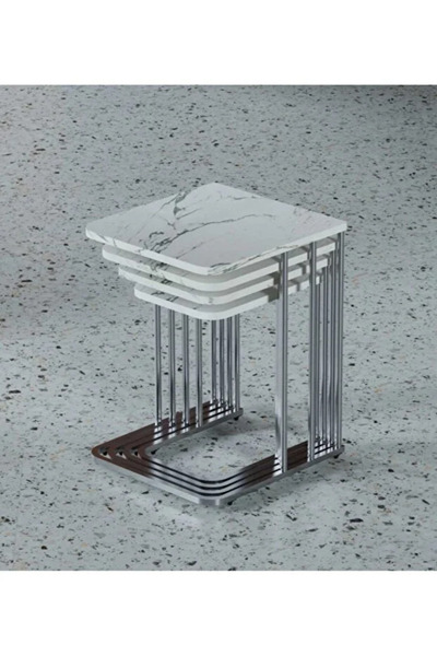 Zigon 4lü tekerlekli yan GÜNÜŞ METAL BEYAZ MERMER DESEN TABLA sehpa