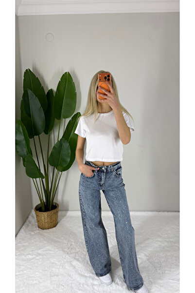 Premium Pamuklu Slim Fit Crop Basic Beyaz Tişört