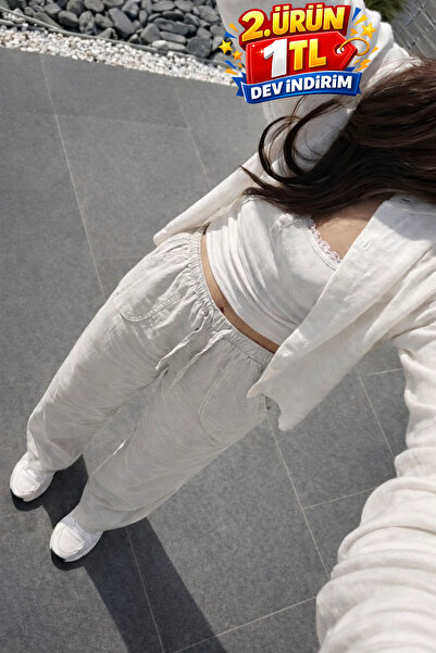 DAMGA JEANS Γυναικείο Premium Jogger Relax Fit Καλοκαιρινό Γκρι Λινό Παντελόνι