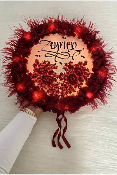 ZEYMERADE Bordo Ledli Gelin Tefi 32cm, Üç Boyutlu Çiçekli Parlak Taş Ve Tüy S...